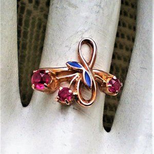 Vintage Russian Russia 14K 583 Rose Pink Gold Ruby Cluster Enamel Flower Ring